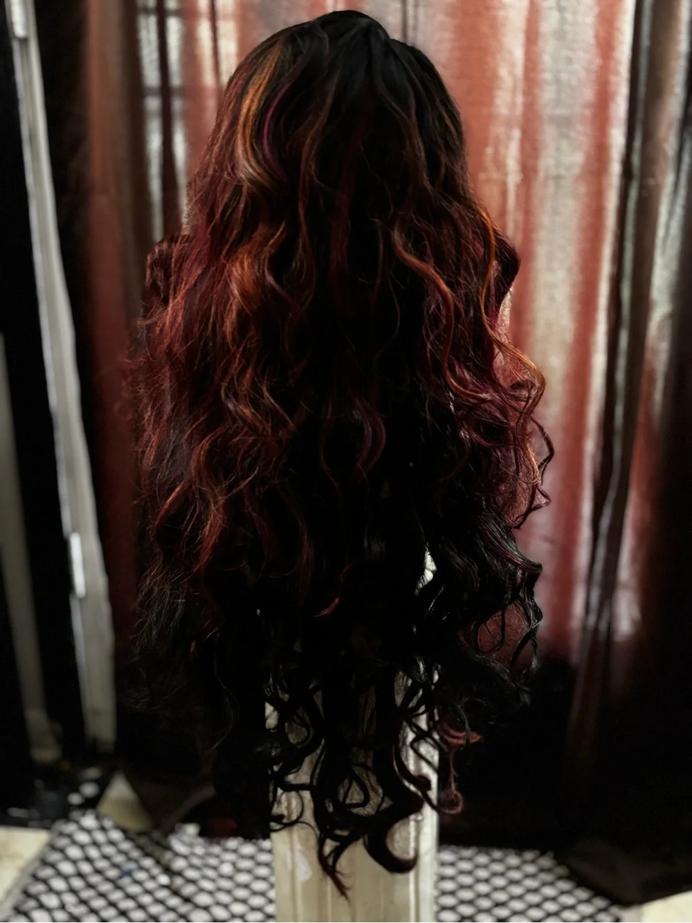 Long Wavy Ombre Lace Front Wig in Black to Burgundy